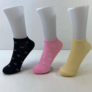 Womens Ankle Socks Set 3 Heart Bow Print Black Pink Yellow White